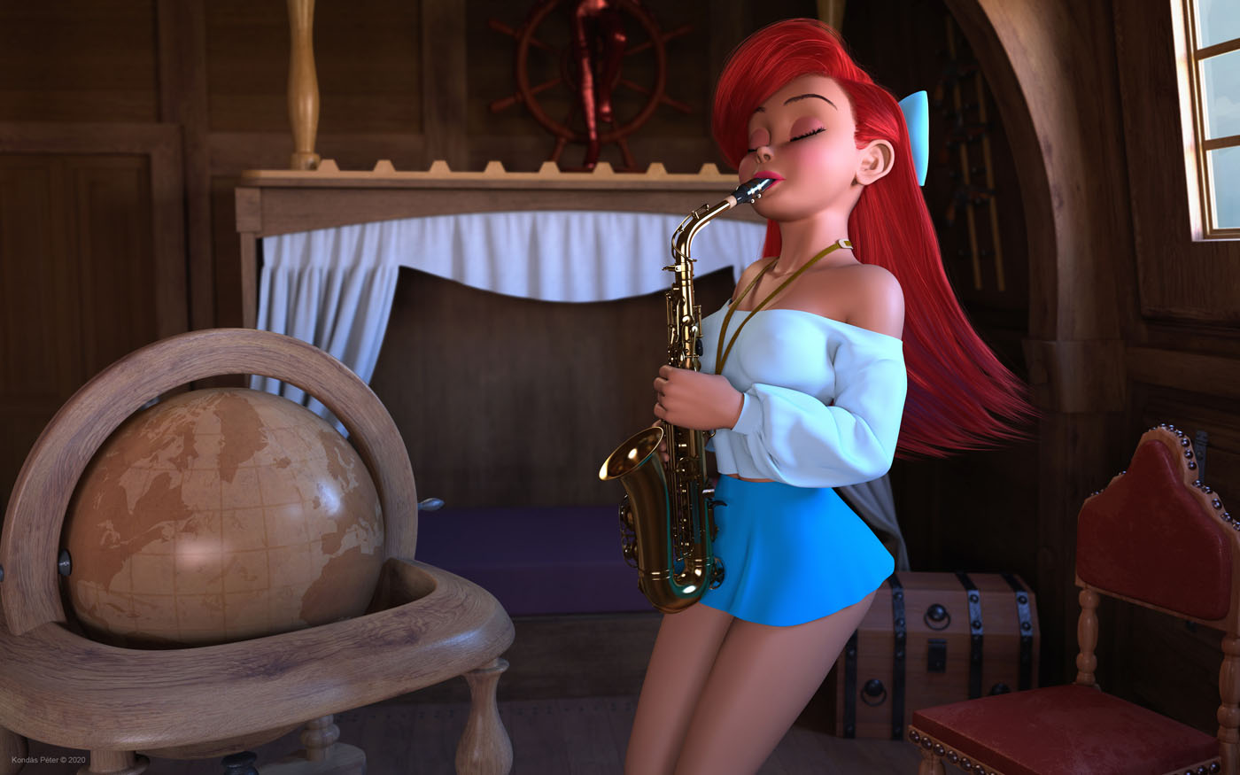 Ariel egy saxofonon játszik