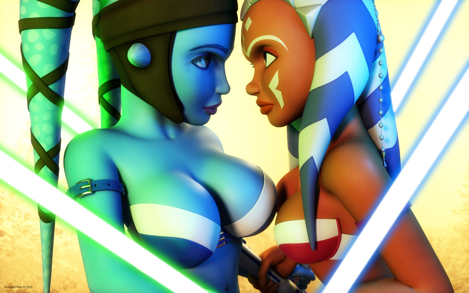 Star Wars cosplays in full costume (Aayla Secura and Ahsoka Tano) .